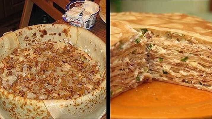 Блинный пирог с курицей и грибами