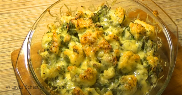 Горячий салат «Царица» из цветной капусты с сыром и грецкими орехами