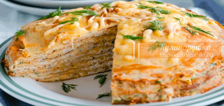 Обалденный блинный торт с курицей и грибами