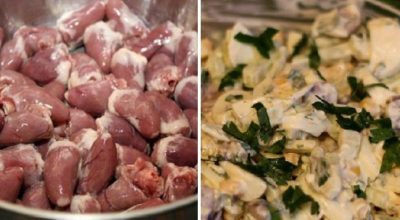 Как приготовить очень вкусный салат из куриных сердец