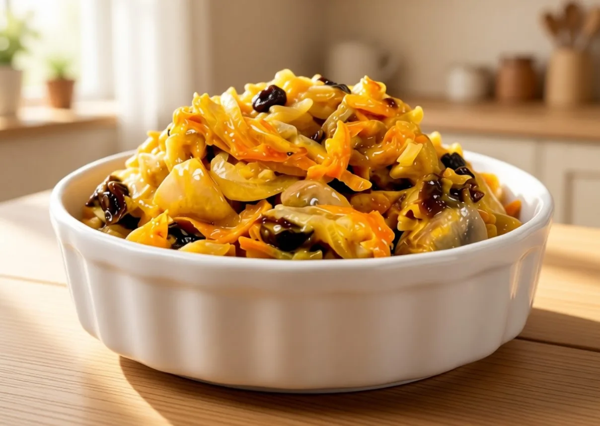 Салат «Лесник» с жареными шампиньонами, морковью и черносливом в салатнике