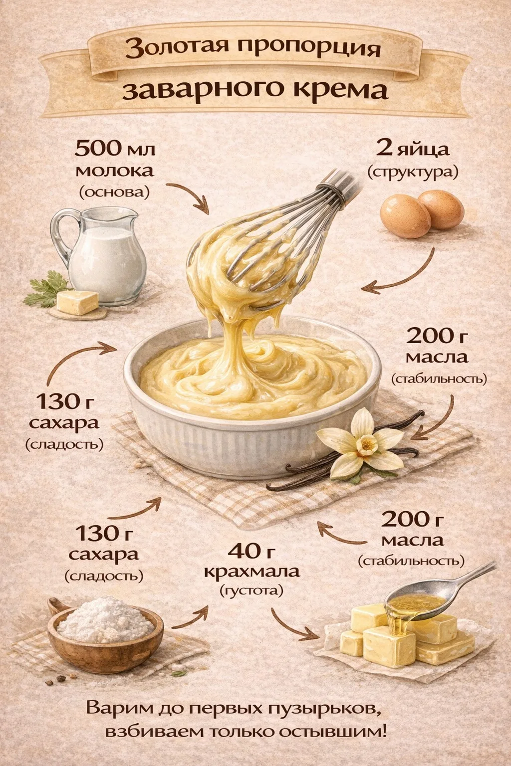 Инфографика с пропорциями и секретами приготовления густого заварного крема без комочков