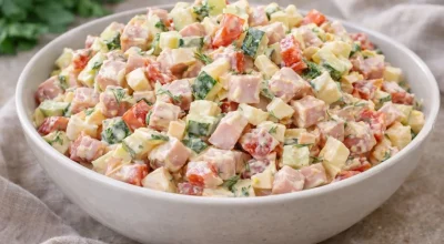 Замена надоевшему «Оливье»: готовлю яркий салат «Балаганчик» с секретным сочетанием овощей и ветчины