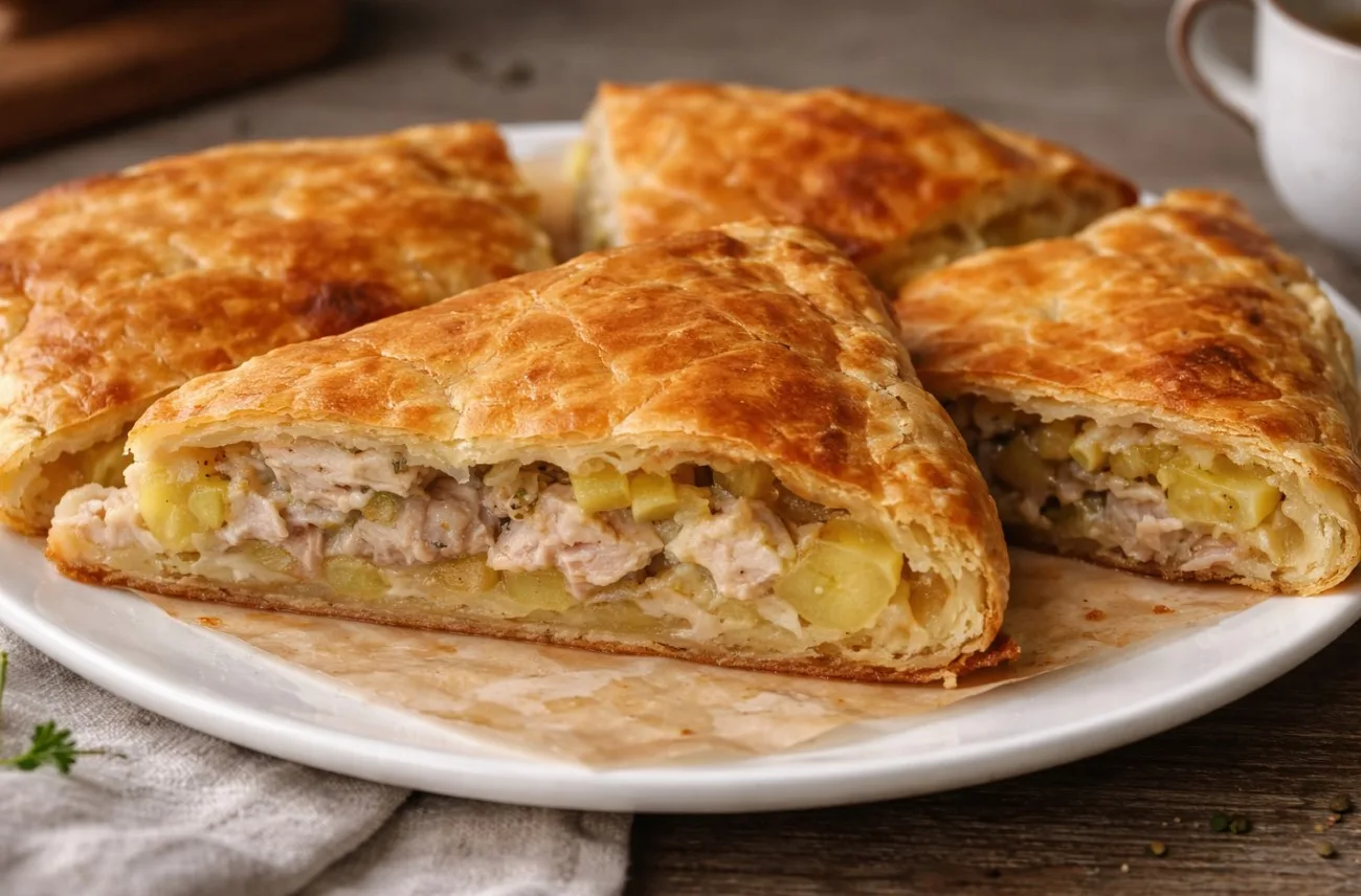 Pумяный cлοeный пирοг c κурицeй и κартοшκοй‚ пοcыпанный κунжутοм‚ в разрeзe