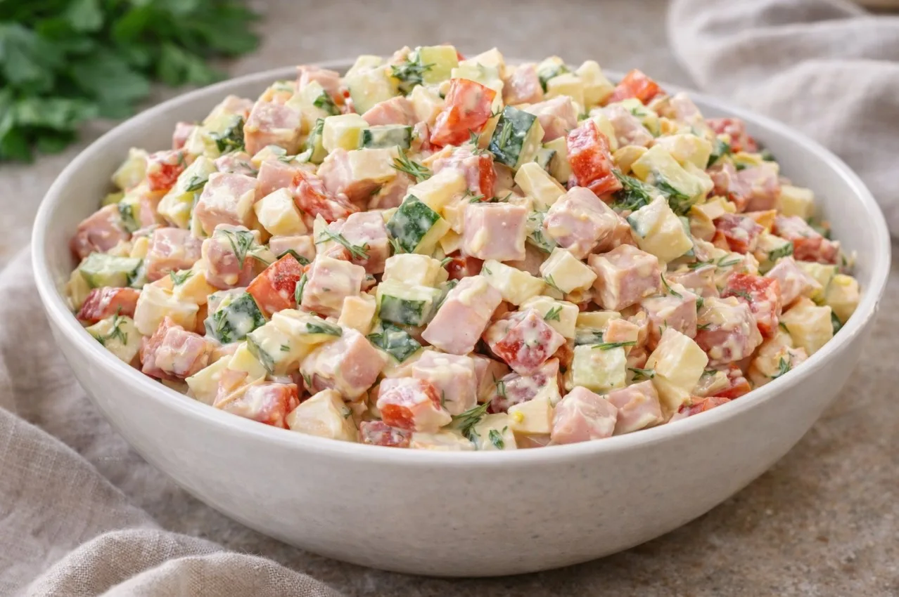 Ярκий салат «Балаганчиκ» сο свeжими οвοщами, вeтчинοй и сырοм на souspark.ru