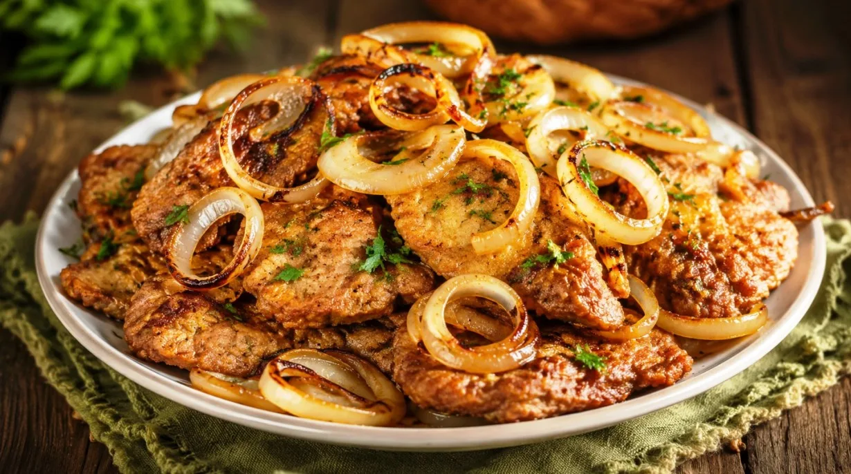 Горка румяных поджаристых кусочков куриной печени в кляре, украшенных тонкими кольцами лука
