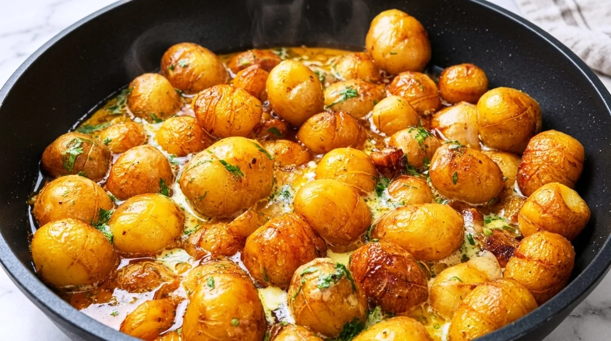 Чугунная сковорода с румяными дольками жареной картошки, покрытой пышным запеченным яйцом и посыпанной свежей зеленью